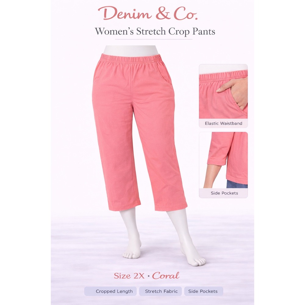 Denim & Co Womens‎ 2X Original Waist Stretch Crop Pants Coral Pink A14925/78 NWT